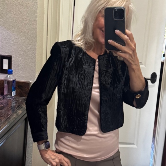 Saks Fifth Avenue Dyed Calfskin - Black - Crop Open Front Jacket, sz S - Picture 1 of 8